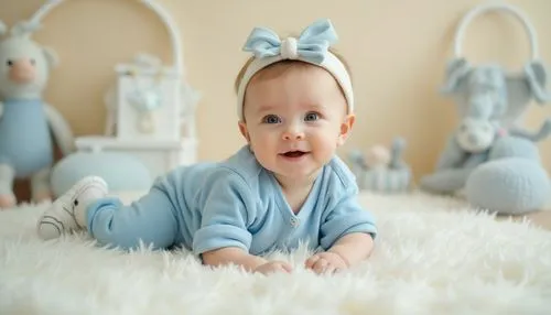 Trendy baby girl, 3-6 months old, lying down, blue romper, white socks, tiny sneakers, soft toys surrounding, baby blue color theme, pastel shade, light beige background, warm and cozy atmosphere, gen