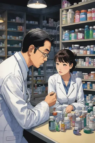 A tired pharmacist in a late-night pharmacy counsels a worried customer about their medication side effects.,pharmacy,pharmacist,in the pharmaceutical,prescription,pharmaceutical,cartoon doctor,medici