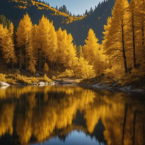 Golden lake,larch forests,larch trees,golden autumn,larch tree,american larch,larch,golden trumpet trees,temperate coniferous forest,autumn gold,autumn mountains,yellow fir,coniferous forest,autumn sc