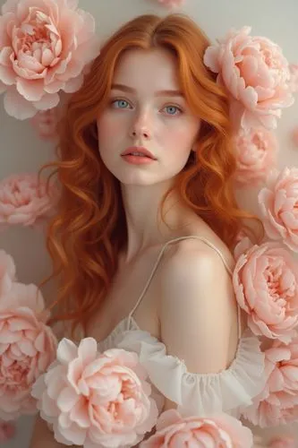 Generate a hyper-realistic portrait of a young woman positioned slightly to the right of the frame. She has cascading, curly red hair, styled in loose waves that frame her face. Her skin is porcelain-