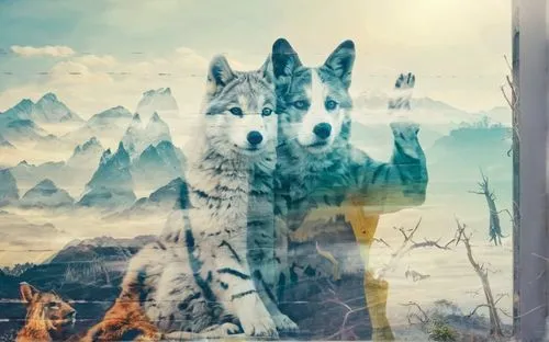 make like bilboard "animal rescue" theme,a collage of two cats in the background is a mountain range with snowy peaks,white wolves,wolves,atka,pugmire,wolpaw,loups,Photography,Artistic Photography,Art