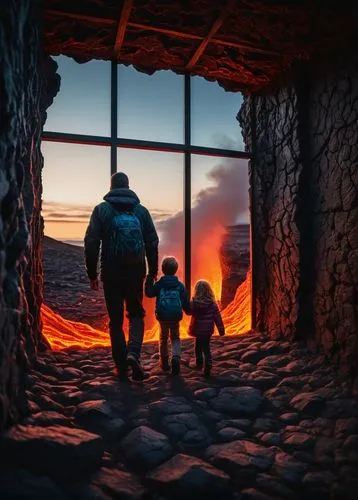 dad and son outside,door to hell,lava,fire background,reykjanes,magma,Photography,General,Fantasy