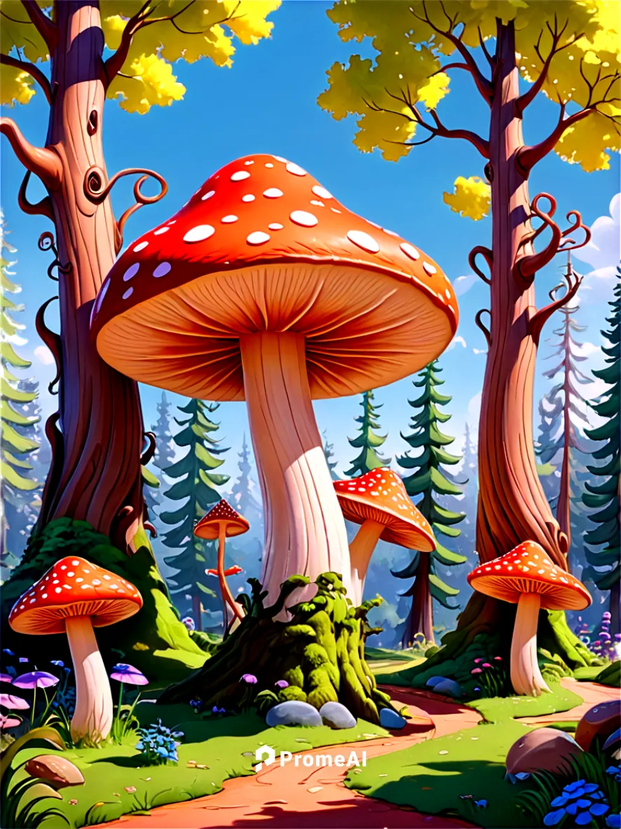 Whimsical forest caricature, vibrant colors, exaggerated features, giant mushrooms, twisted tree trunks, curly vines, cartoonish animals, sunny afternoon, warm lighting, soft focus, playful compositio