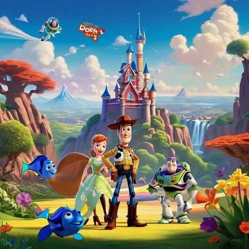 Disney Pixar poster, colorful background, vibrant textures, fantasy world, majestic castle, rolling hills, fluffy white clouds, sunny day, warm lighting, cinematic composition, 3/4 view, dynamic pose,