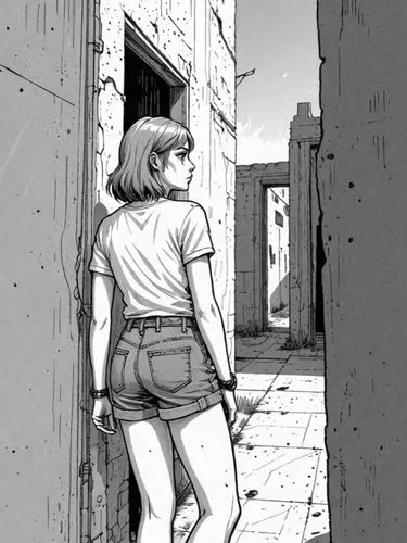 girl walking away,alleyway,sidestreet,sidestreets,alleyways,alley,Design Sketch,Design Sketch,Detailed Outline