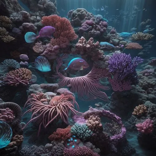 An underwater scene of a coral reef, neon, large landscape, including fish and sharks in ulatraviolet tones ,coral reef,sea life underwater,coral reefs,ocean underwater,bubblegum coral,underwater back