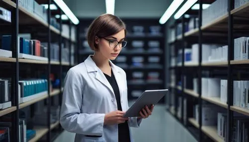 Female, researcher, solo, (25yo), short hair, glasses, lab coat, white shirt, black skirt, sneakers, holding a tablet, standing, modern laboratory, rows of computers, shelves with books, futuristic am