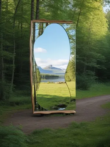 mirror in the meadow,wood mirror,mirror house,parabolic mirror,magic mirror,miroir,mirror frame,exterior mirror,outside mirror,door mirror,reflectional,droste effect,virtual landscape,the mirror,mirror reflection,cloud shape frame,parallel worlds,looking glass,reflectiveness,thorgerson,Photography,General,Realistic