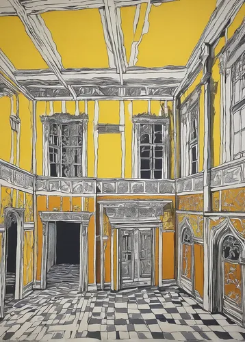 yellow wall,yellow wallpaper,house painting,ornate room,house drawing,palazzo barberini,royal interior,baroque,dandelion hall,facade painting,empty hall,empty interior,palazzo,yellow orange,interiors,renaissance,yellow garden,yellow light,the court,europe palace,Art,Artistic Painting,Artistic Painting 50