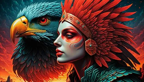 a painting of a woman with a bird on her head, digital art, by tomasz alen kopera, peter gric and dan mumford, with the beak of an eagle, artwork of a phoenix, bird head, greg beeple, vision, beeple a