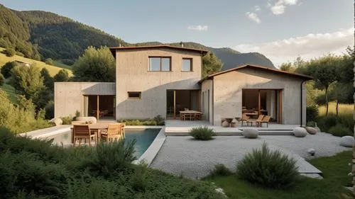 Réalise un visuel de qualité pour une clientèle premium,a house that has a pool and patio next to it,3d rendering,revit,lefay,chalet,house in the mountains,house in mountains,render,minotti,luxury pro