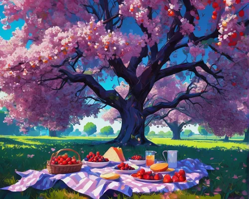 picnic,cherry tree,cherry trees,picnic basket,still life of spring,fruit tree,springtime background,spring background,sakura tree,the cherry blossoms,orchard,lilac tree,cherry blossom tree,cherries,sakura trees,spring morning,apple tree,rowanberries,springtime,blossoming apple tree,Conceptual Art,Daily,Daily 21