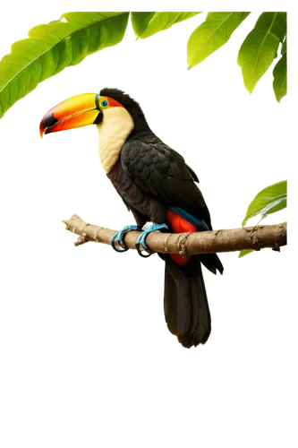 Toucan, colorful beak, vibrant plumage, exotic bird, tropical rainforest, bright green leaves, sitting on branch, looking upwards, soft focus, warm lighting, shallow depth of field, 3/4 composition, r