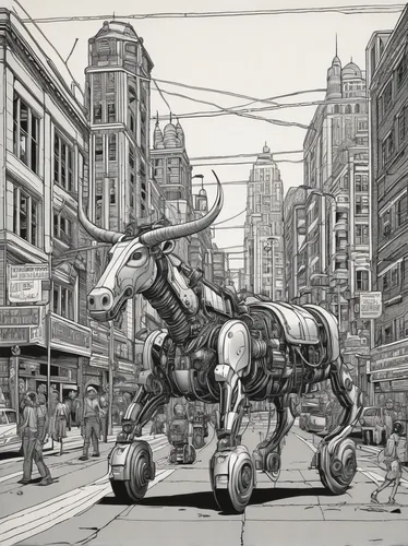 Imagine a futuristic city where robotic longhorns are used for transportation. Describe a bustling street filled with these mechanical creatures.,elephant line art,oxen,line art animals,working animal