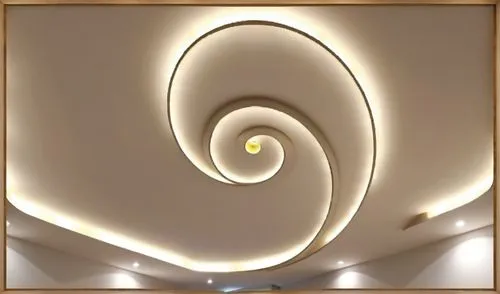 Gypsum decoration in the ceiling of a room with hidden LED lighting,modern ceiling design with a curved light,wall light,fibonacci spiral,ceiling light,spiral pattern,spiral art,spiral,Photography,Gen