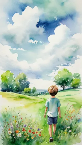 watercolor background,landscape background,springtime background,children's background,watercolor,spring background,watercolor paint,meadow play,summer day,summer sky,watercolor painting,kids illustration,child in park,walk,farm background,walk with the children,watercolor baby items,blooming field,crayon background,little girl in wind,Illustration,Paper based,Paper Based 25