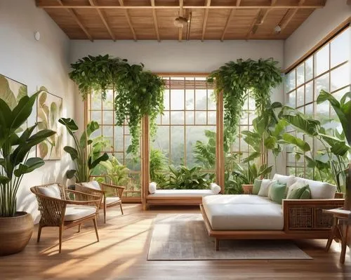 sunroom,house plants,houseplants,houseplant,tropical house,hanging plants,conservatory,balcony garden,indoor,loft,bamboo plants,living room,beautiful home,interior design,green living,exotic plants,conservatories,philodendron,great room,bamboo curtain,Illustration,Japanese style,Japanese Style 07