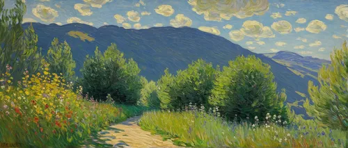 pathway,vincent van gough,mountain meadow,salt meadow landscape,meadow landscape,mountain scene,alpine meadow,field of flowers,mountain road,lupines,hiking path,post impressionist,flowers field,meadow rues,flower field,alpine meadows,meadows,mountain landscape,summer meadow,meadow and forest,Art,Artistic Painting,Artistic Painting 04