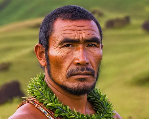 Native Rapa Nui man near Rano Raraku, Easter Island,maori,talahi,rapa nui,hon khoi,nomadic people,polynesian,khuushuur,anmatjere man,rapanui,machu pi,tribal chief,the h'mong people,harau,indian monk,m