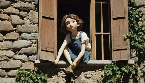 Dormer window, dustpan character, cute, (12yo), messy brown hair, sleepy eyes, worn-out clothes, dusty overall, holding a small dustpan, sitting on a windowsill, afternoon sunlight, warm lighting, coz