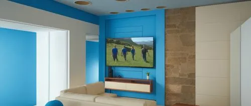 mantener todo igual a la imagen original no modificar nada mantener colores y materiales exactos  azul paredes muebles cremas televisión y pared de piedra 
,interior decoration,modern decor,contempora