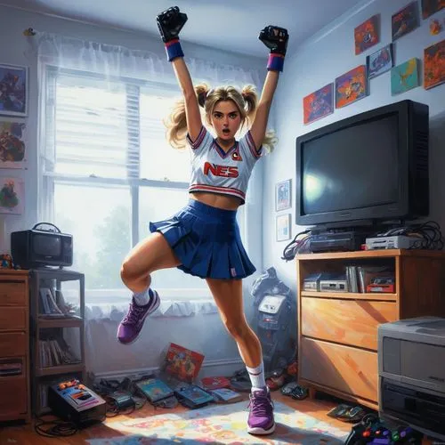 cheerleader,sports girl,muaythai,kickboxing,kickboxers,rollergirl,girlfight,streetfighter,strongwoman,buffyverse,cheerleading,boxing gloves,sportswoman,pugilistica,knockdown,southpaw,annabeth,britney,karatekas,pillow fight,Conceptual Art,Fantasy,Fantasy 12