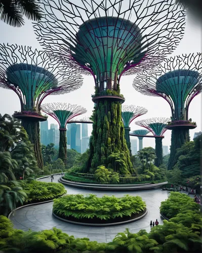 futuristic landscape,singapore,futuristic architecture,gardens by the bay,alien world,singapura,sky space concept,futuristic art museum,futuristic,flower dome,utopian,artificial island,mushroom landscape,terraforming,biome,alien planet,artificial islands,changi,solar cell base,kuala lumpur,Conceptual Art,Fantasy,Fantasy 11