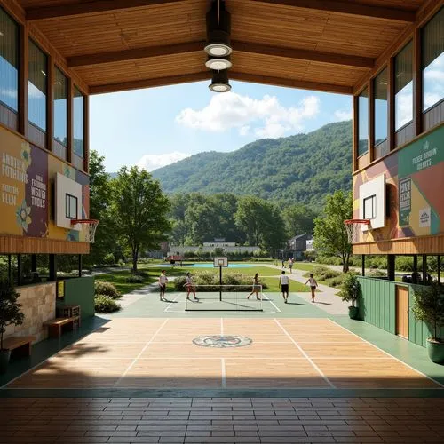 Vibrant gymnasium interior, natural stone walls, wooden flooring, abundant greenery, large windows, soft warm lighting, 3/4 composition, panoramic view, realistic textures, ambient occlusion; modern a