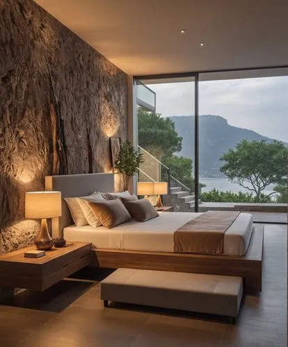 Architecture Design,an image of a bedroom setting with mountains in the background,amanresorts,luxury home interior,minotti,great room,lefay,contemporary decor,Photography,General,Realistic