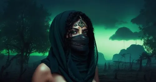 
 nude Beautiful arab girl, full dark curly hair, big green eyes, full black lips, misty sky,a woman wearing an islamic garb in a painting,hekate,demoness,fantasy picture,green skin,purdah,the enchant