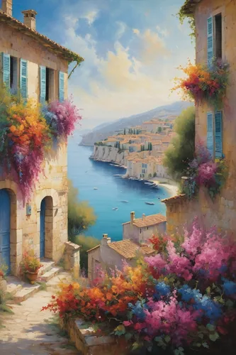 provence,italian painter,mediterranean,bellagio,portofino,coastal landscape,french digital background,bougainvilleas,tuscan,positano,south france,malta,sea landscape,bougainvillea,splendor of flowers,landscape background,home landscape,france,idyllic,italy,Conceptual Art,Fantasy,Fantasy 29