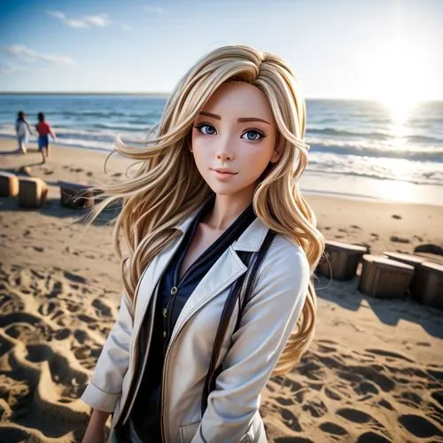 On a beach, on a sunny day, with the sun rising ,beach background,realdoll,blond girl,barbie doll,blonde girl,cool blonde,beach scenery,model doll,doll's facial features,blonde woman,japanese doll,ani