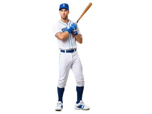 muscular man, athletic wear, baseball uniform, white shirt, blue pants, baseball glove, baseball bat, sweatband, intense facial expression, dynamic pose, action scene, daytime stadium, green grass, br