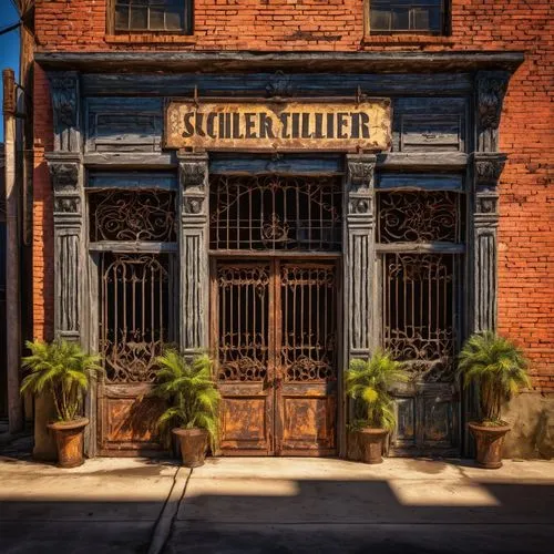 Schiller Architectural Salvage Tampa, vintage store exterior, worn brick walls, rusty metal gates, old wooden doors, ornate stone carvings, faded signage, industrial lamps, urban cityscape, afternoon 