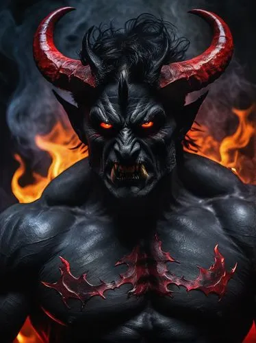 Dark, gothic demon, horns, red skin, sharp teeth, glowing eyes, black wings, ripped muscles, dark aura, hellish background, flames, smoke, mist, eerie lighting, dramatic composition, close-up on face,