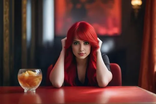 a girl sitting at a table with her hands on her head and a glass of wine next to her,epica,karou,melisandre,barmaid,redhead doll,redhair