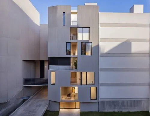 set the cars 
make black walls to concrete 
make neighbours transparent 
,two large buildings with windows in front of each other,seidler,corbu,lasdun,modern architecture,gehry,hejduk,eisenman,cubic h