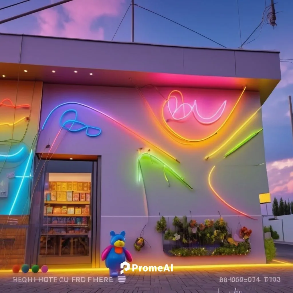 I want to design a frontage for a children's toy store that contains many electronic toys, as the concept, the energy sign, has many bright colors.,neon cocktails,neon drinks,neon coffee,neon ice crea