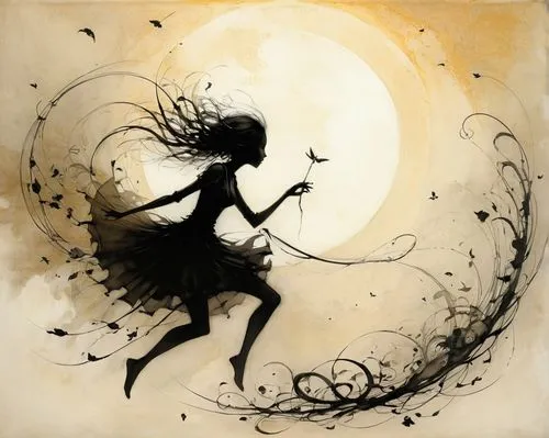 little girl in wind,little girl twirling,silhouette dancer,faery,faerie,fairies aloft,dance silhouette,twirling,tightrope walker,little girl fairy,silhouette art,whirling,black and dandelion,moonbeam,flying girl,woman silhouette,dance with canvases,hanging moon,child fairy,mystical portrait of a girl,Illustration,Realistic Fantasy,Realistic Fantasy 16
