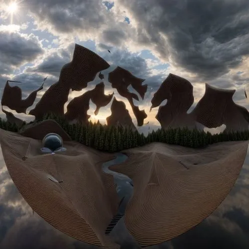 panoramical,mushroom landscape,360 ° panorama,virtual landscape,cloud mushroom,mammatus clouds,futuristic landscape,mandelbulb,mammatus cloud,floating islands,fractal environment,mushroom island,flying seeds,airships,cube stilt houses,low poly,3d render,mammatus,3d fantasy,floating island,Common,Common,Photography