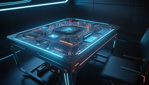 Change design of table into sci-fi style table,futuristic table and chair in dark room with neon lights,tron,supercomputer,ufo interior,spaceship interior,computerized,3d render,Photography,General,Sc