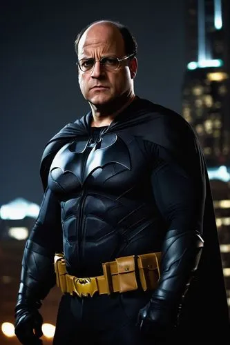 George Costanza, Batman, muscular man, dark knight costume, cape flowing in wind, intense facial expression, sharp jawline, messy black hair, dark eye makeup, white teeth, standing heroically, city sk