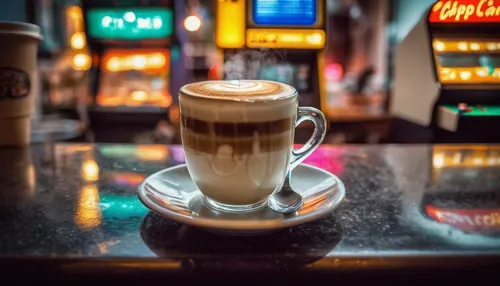 In a bustling city cafe, a barista meticulously poured a perfect cappuccino into a clear glass cup.,cortado,caffè macchiato,mocaccino,cappuccino,capuchino,cuban espresso,macchiato,liqueur coffee,coffe