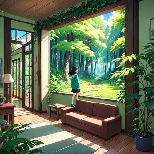 studio ghibli,japanese-style room,the little girl's room,green living,dandelion hall,boy's room picture,kids room,children's bedroom,idyllic,children's background,playing room,study room,green forest,summer cottage,indoor,modern room,green summer,green wallpaper,home landscape,bedroom window,Anime,Anime,Traditional