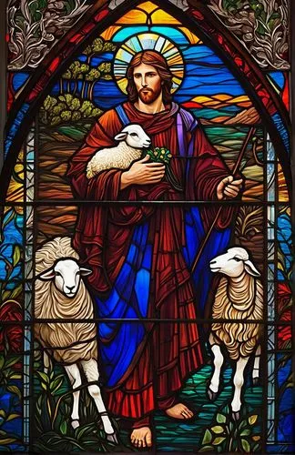 
is a man with brown hair and two sheep
,the good shepherd,good shepherd,stained glass window,easter lamb,baptism of christ,shepherds,stained glass,shepherd,church windows,church window,christ feast,s