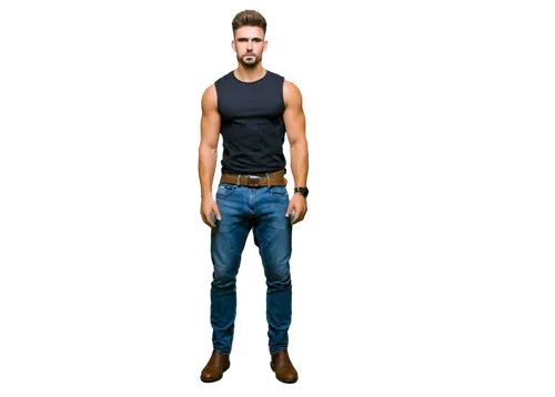 Bigilo, muscular man, athletic build, short spiky hair, intense gaze, sharp facial features, strong jawline, sleeveless shirt, ripped jeans, leather belt, heavy boots, confident stance, one hand on hi