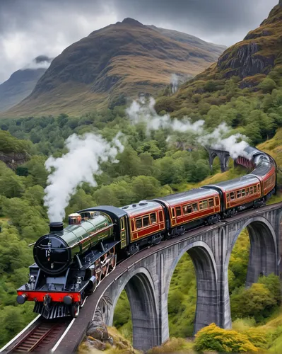 hogwarts express,steam train,scotsman,steam locomotives,steam special train,waverley,steam railway,scotland,scottish highlands,steam train furka mountain range,highland main line,steam power,glencoe,international trains,steam locomotive,passenger train,sweeping viaduct,long-distance train,full steam,steam engine,Conceptual Art,Sci-Fi,Sci-Fi 03