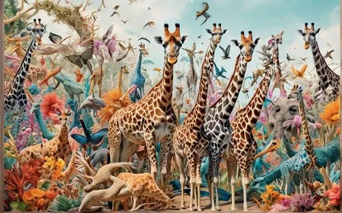 a simple wooden platform sits amidst a sea of colorful creatures, surrounded by a sea of giraffes, an owl, and a spider. In the center of the frame, a figure emerges, holding a group of daring creatur