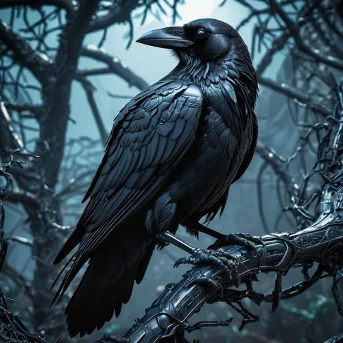 A raven sits on a branch of a tree. the raven is lean and intelligent. the surrounding world is post-apocalyptic. the tone of the light is cold and bluish. ,raven sculpture,raven bird,3d crow,black ra