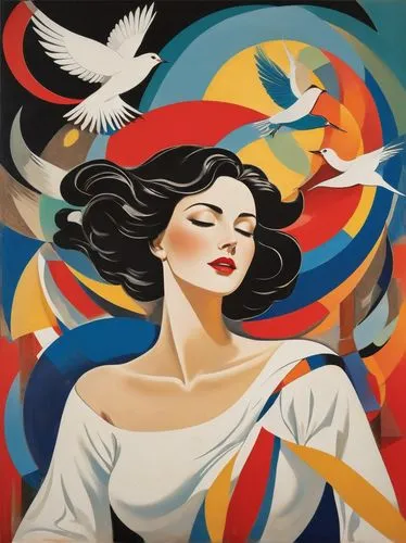 art deco woman,wesselmann,rosenquist,white bird,dove of peace,aguila,Art,Artistic Painting,Artistic Painting 43